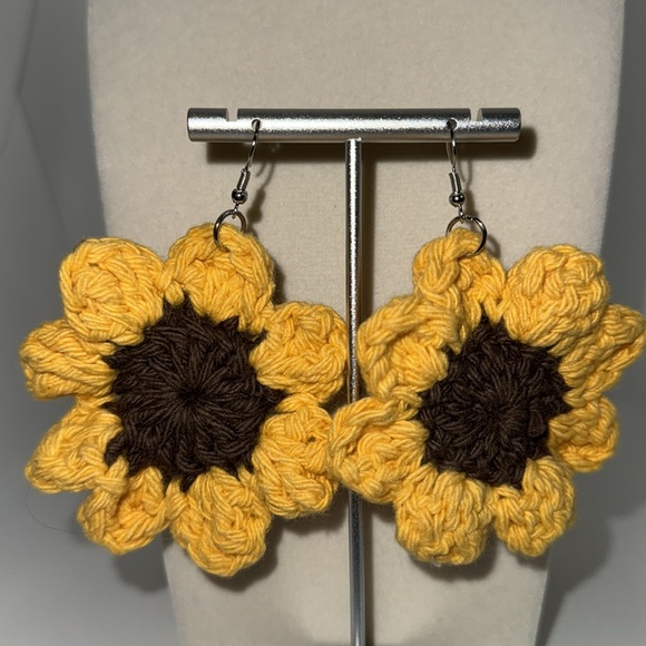 Fashion Jewelry - Sunflower Crochet Earrings Pierced w French Hooks Yellow & Brown
